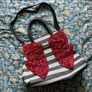 Betsey Johnson Striped Tote Bag with Red Sequin Bow